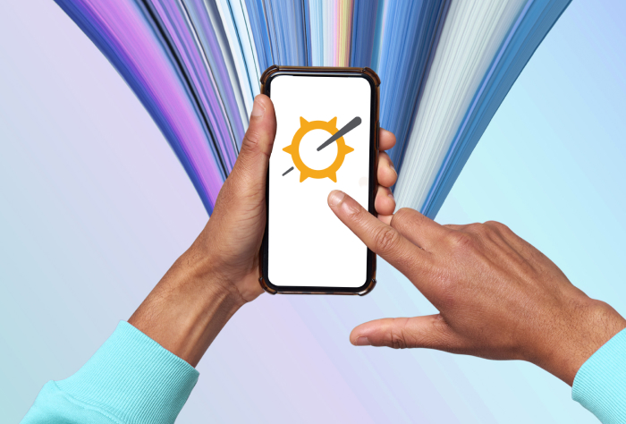 Finger pressing a phone screen that displays the Tivdak® (tisotumab vedotin-tftv) logo